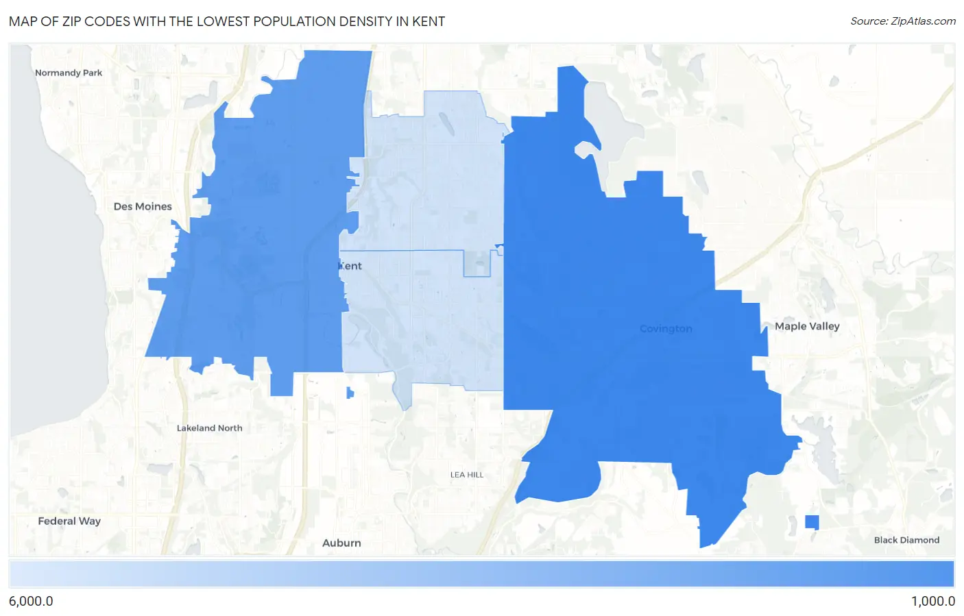 Zip Codes with the Lowest Population Density in Kent Map