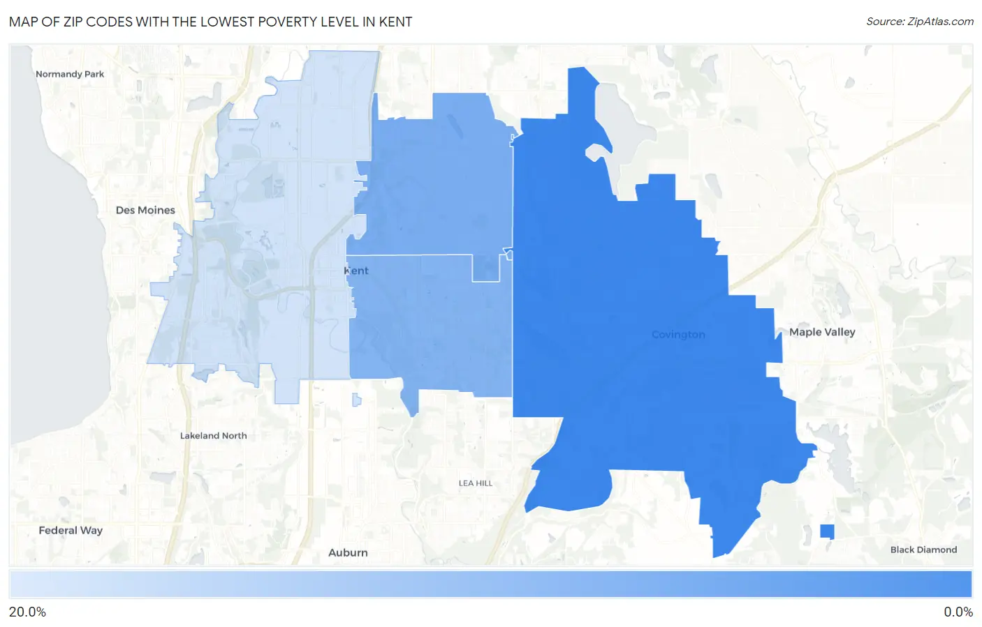 Zip Codes with the Lowest Poverty Level in Kent Map