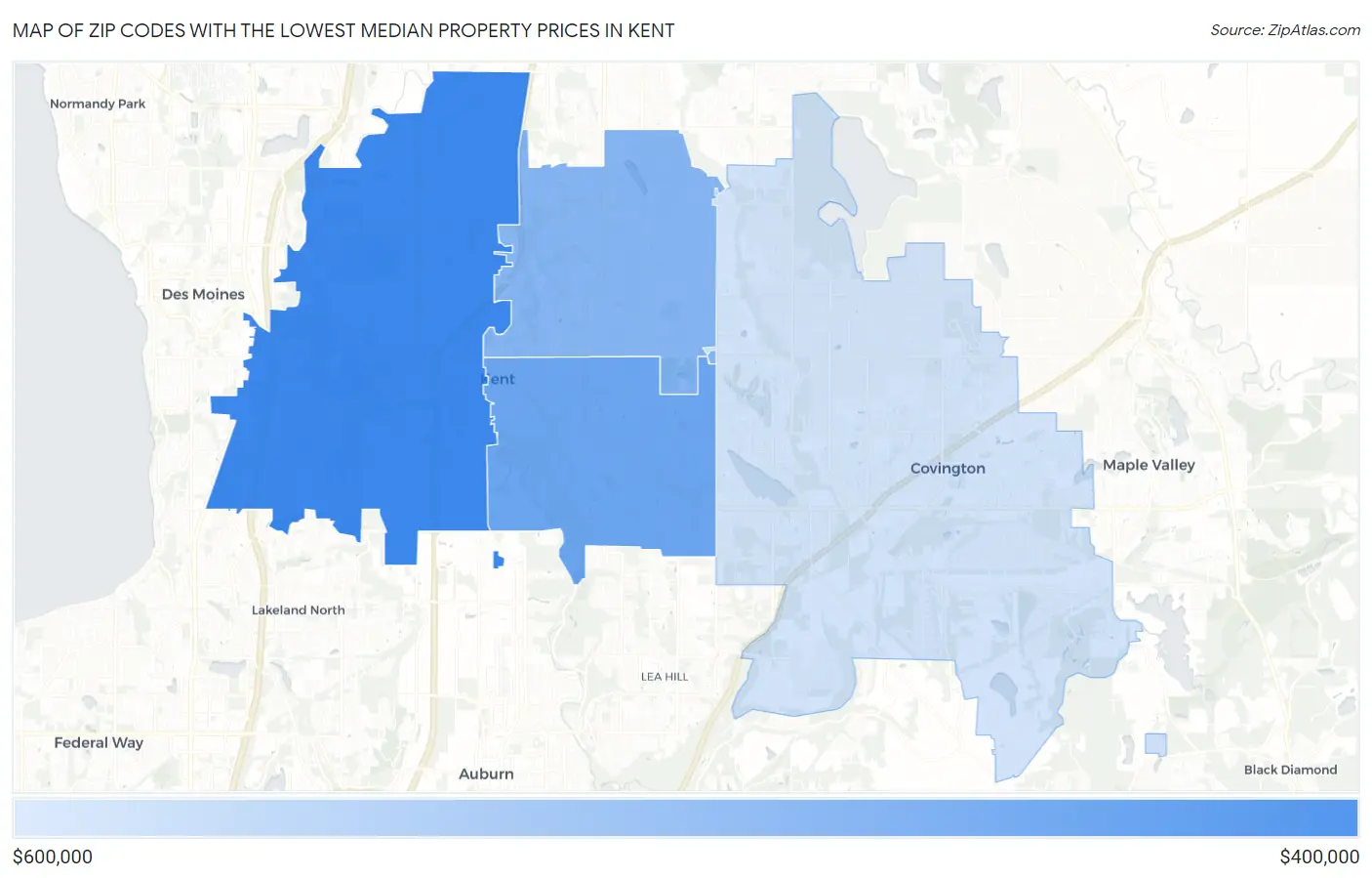 Zip Codes with the Lowest Median Property Prices in Kent Map