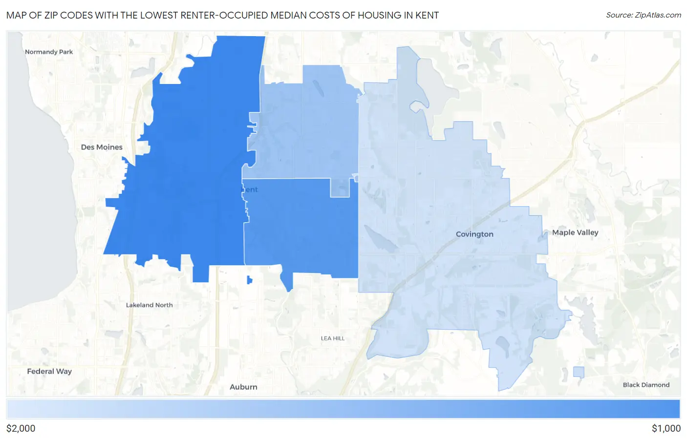 Zip Codes with the Lowest Renter-Occupied Median Costs of Housing in Kent Map