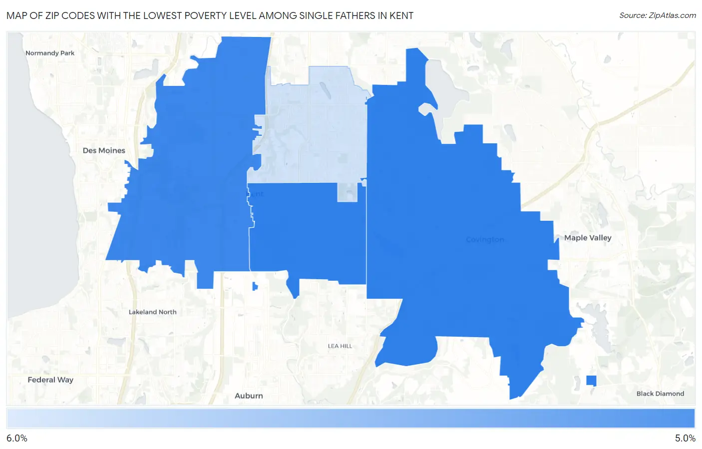 Zip Codes with the Lowest Poverty Level Among Single Fathers in Kent Map