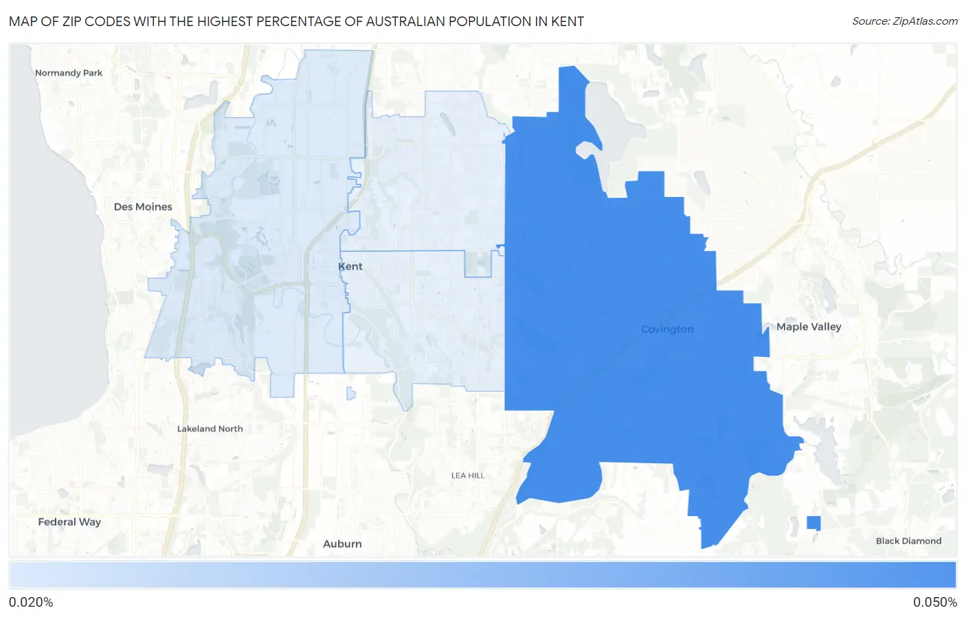Zip Codes with the Highest Percentage of Australian Population in Kent Map