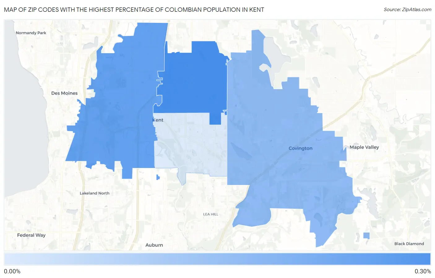 Zip Codes with the Highest Percentage of Colombian Population in Kent Map