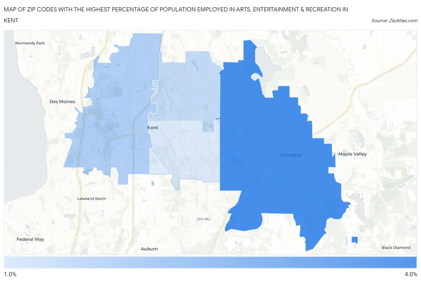 Zip Codes with the Highest Percentage of Population Employed in Arts, Entertainment & Recreation in Kent Map