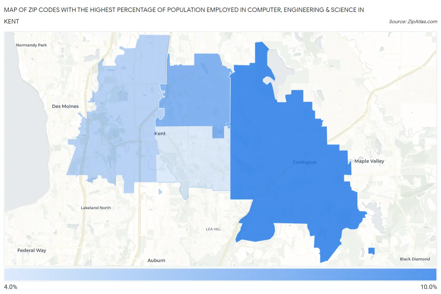 Zip Codes with the Highest Percentage of Population Employed in Computer, Engineering & Science in Kent Map