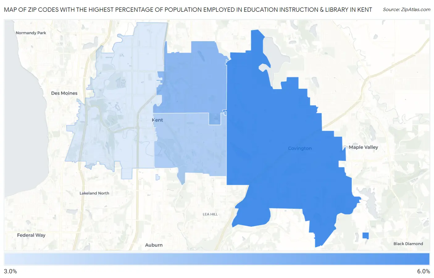 Zip Codes with the Highest Percentage of Population Employed in Education Instruction & Library in Kent Map