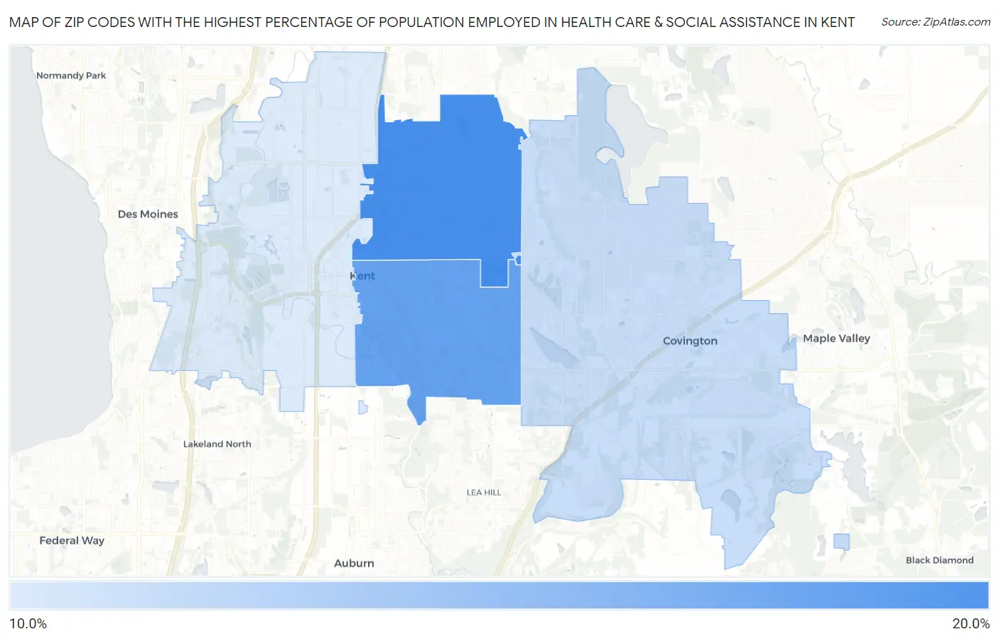 Zip Codes with the Highest Percentage of Population Employed in Health Care & Social Assistance in Kent Map