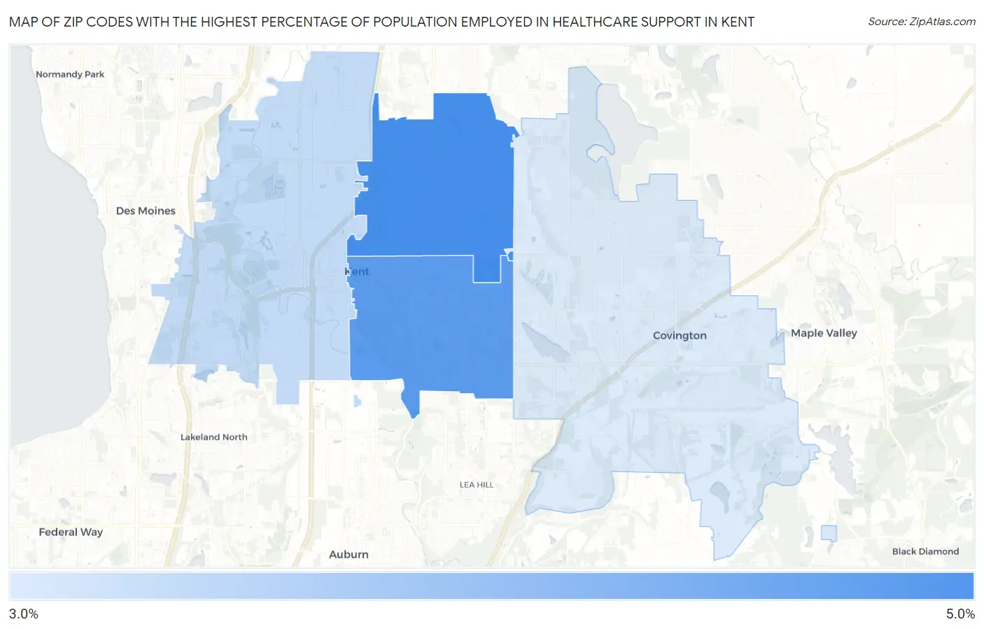 Zip Codes with the Highest Percentage of Population Employed in Healthcare Support in Kent Map