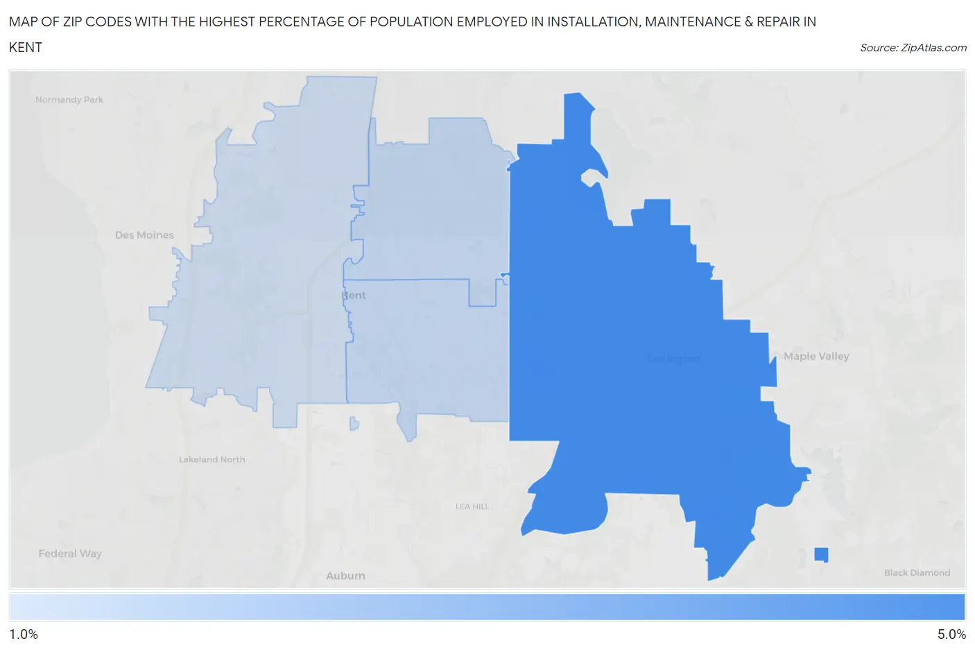 Zip Codes with the Highest Percentage of Population Employed in Installation, Maintenance & Repair in Kent Map
