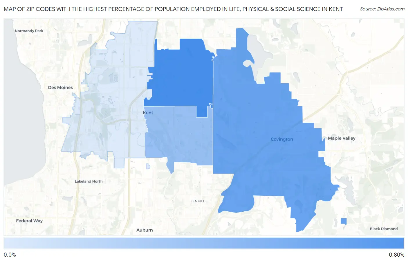 Zip Codes with the Highest Percentage of Population Employed in Life, Physical & Social Science in Kent Map
