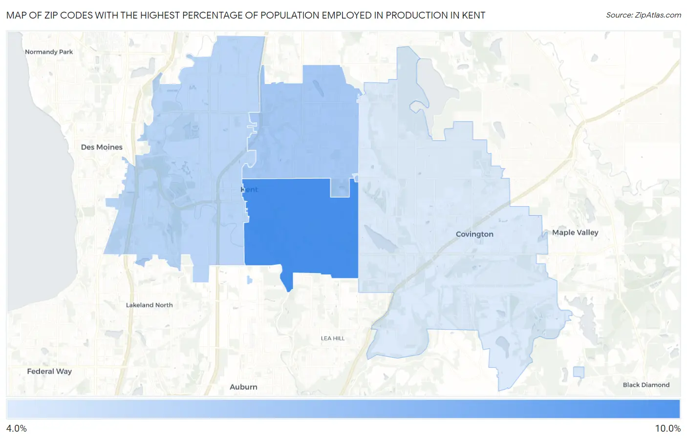 Zip Codes with the Highest Percentage of Population Employed in Production in Kent Map