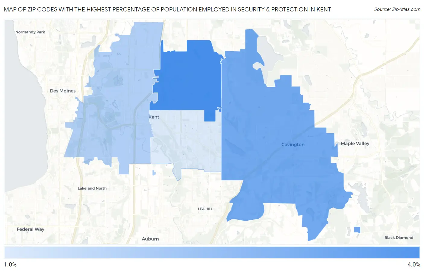 Zip Codes with the Highest Percentage of Population Employed in Security & Protection in Kent Map