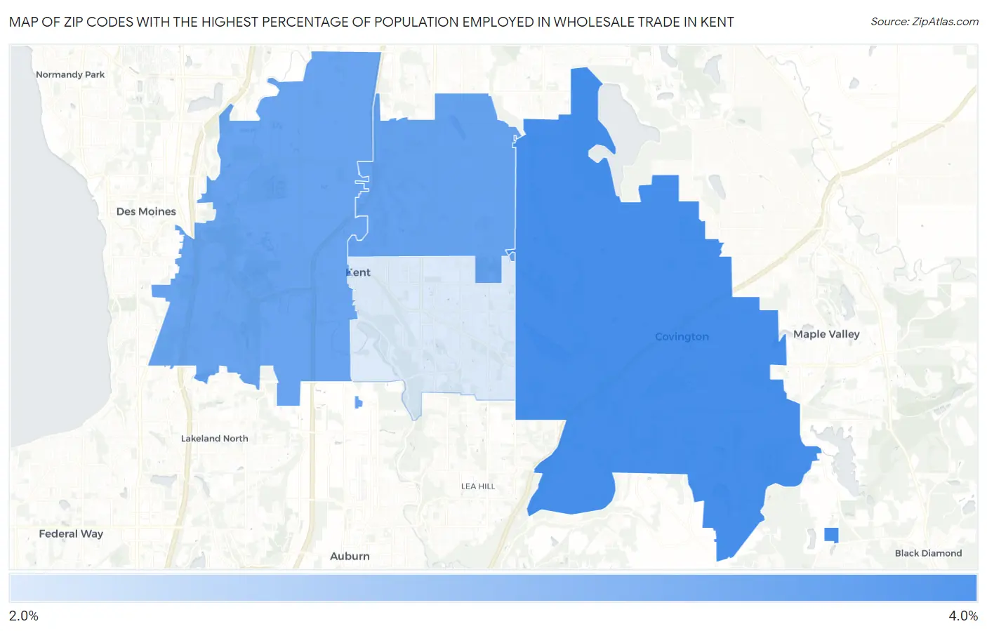 Zip Codes with the Highest Percentage of Population Employed in Wholesale Trade in Kent Map