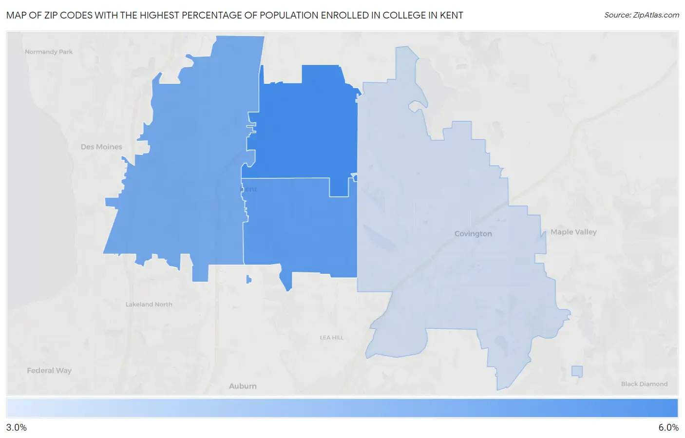 Zip Codes with the Highest Percentage of Population Enrolled in College in Kent Map