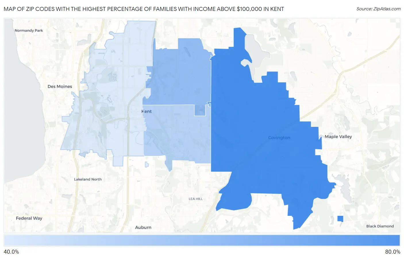 Zip Codes with the Highest Percentage of Families with Income Above $100,000 in Kent Map