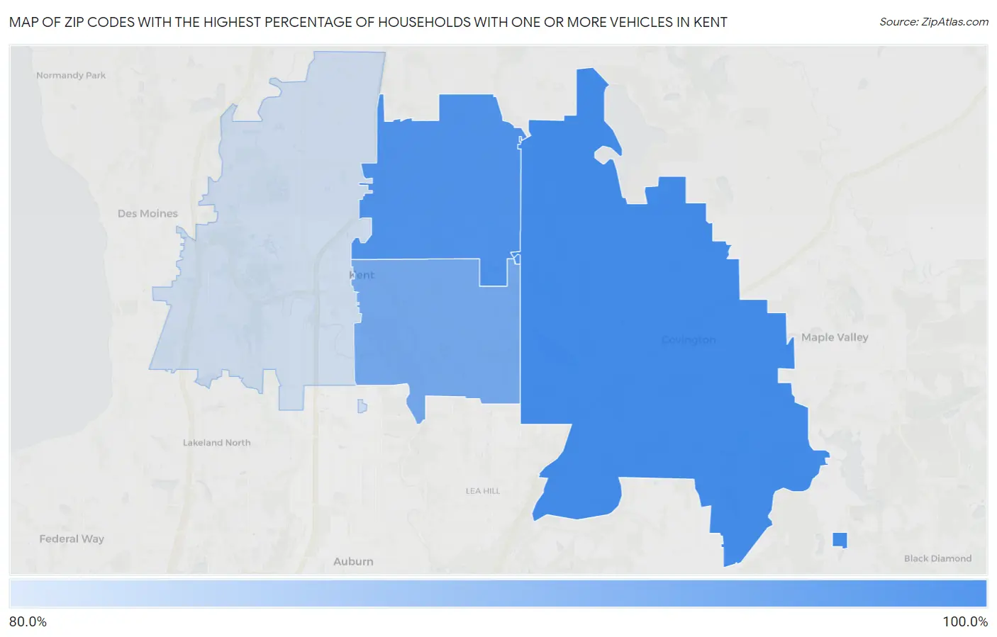 Zip Codes with the Highest Percentage of Households With One or more Vehicles in Kent Map