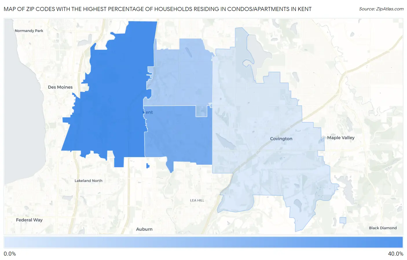 Zip Codes with the Highest Percentage of Households Residing in Condos/Apartments in Kent Map