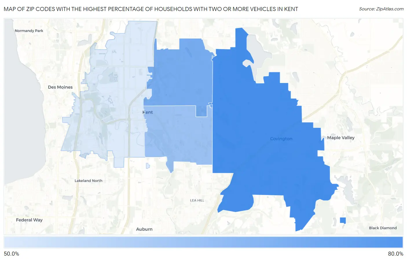 Zip Codes with the Highest Percentage of Households With Two or more Vehicles in Kent Map