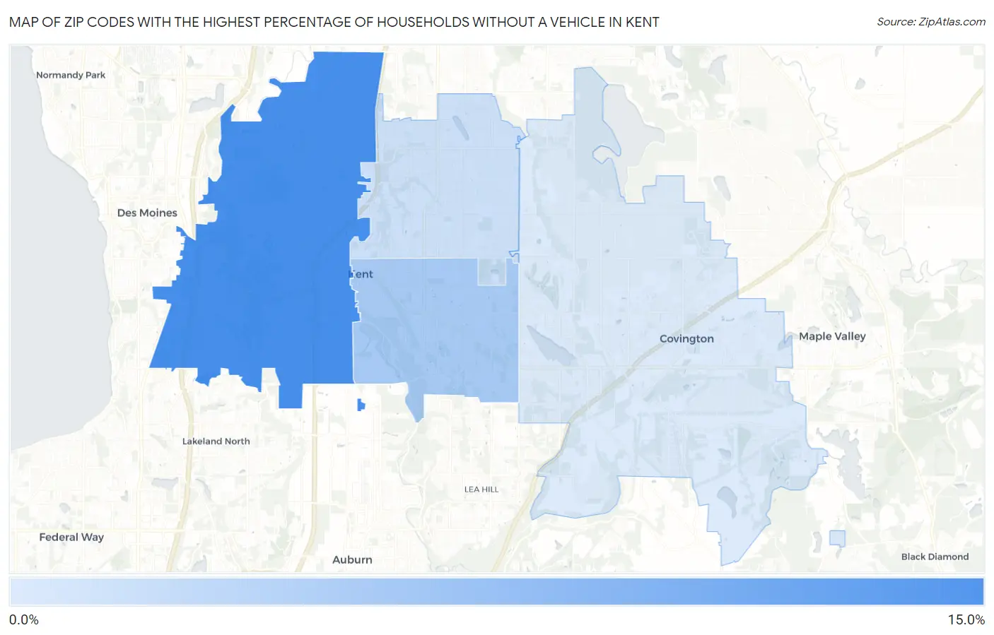 Zip Codes with the Highest Percentage of Households Without a Vehicle in Kent Map