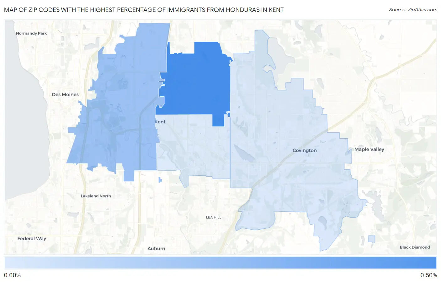 Zip Codes with the Highest Percentage of Immigrants from Honduras in Kent Map