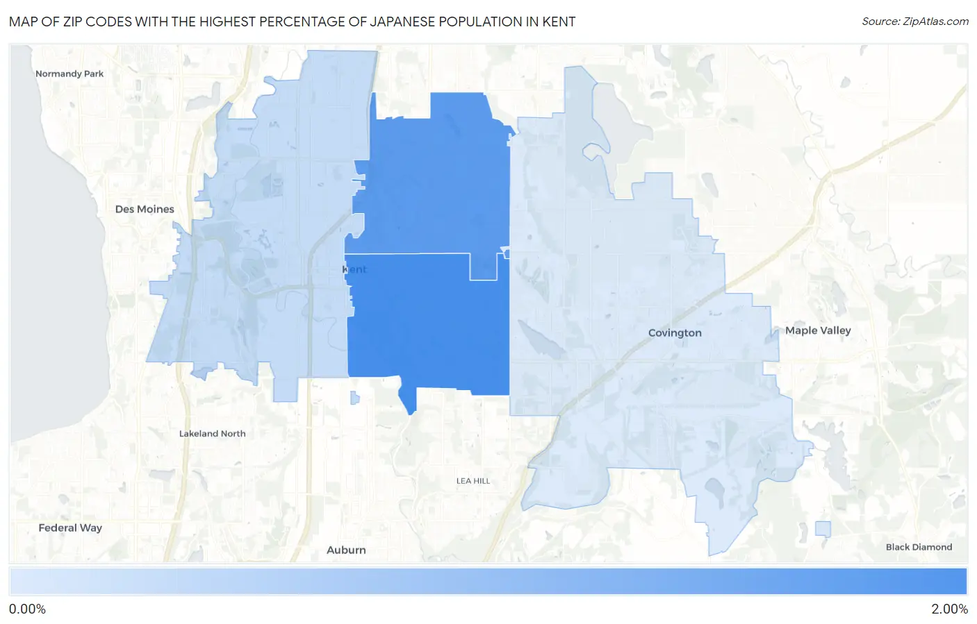 Zip Codes with the Highest Percentage of Japanese Population in Kent Map