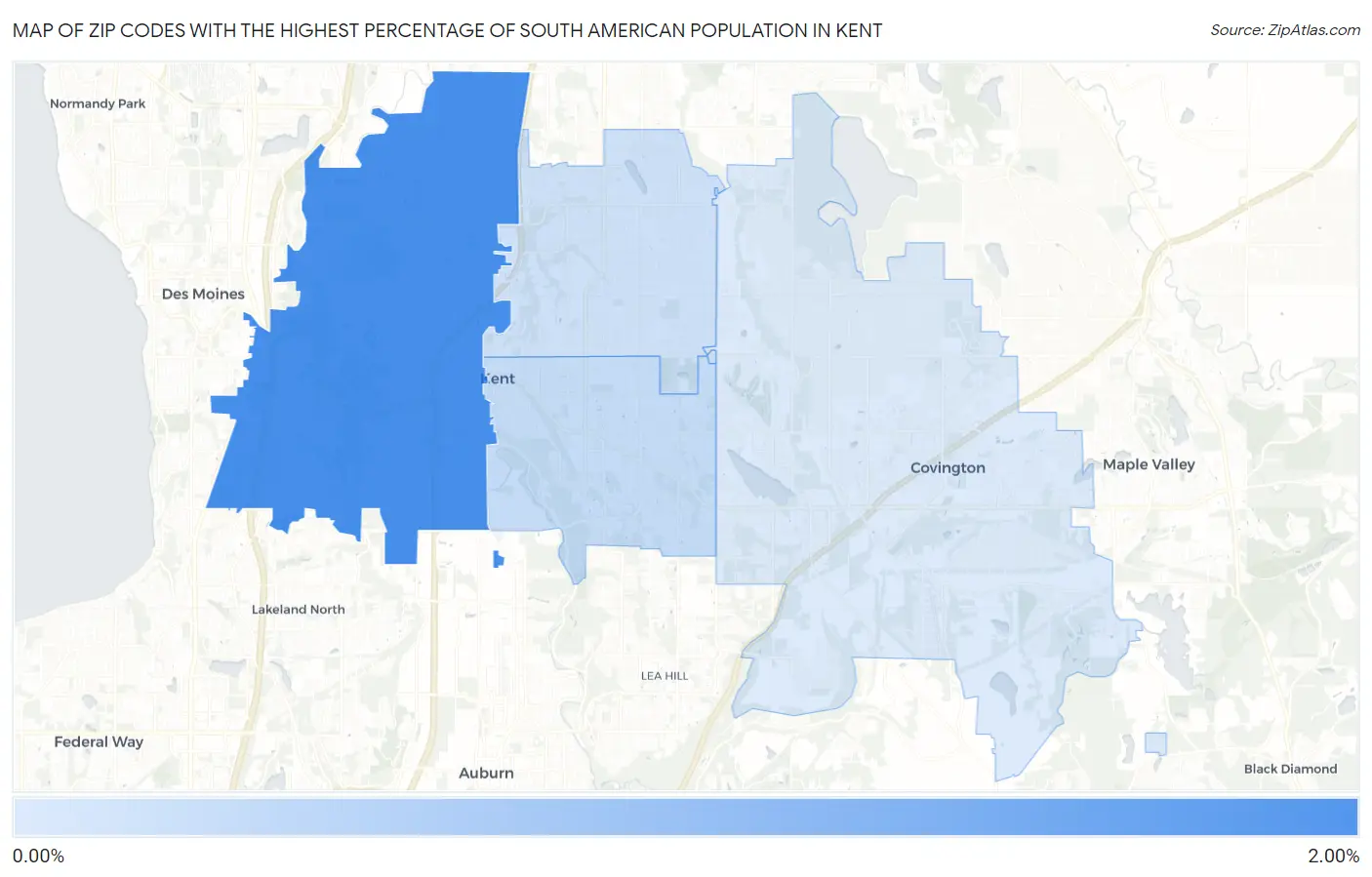 Zip Codes with the Highest Percentage of South American Population in Kent Map