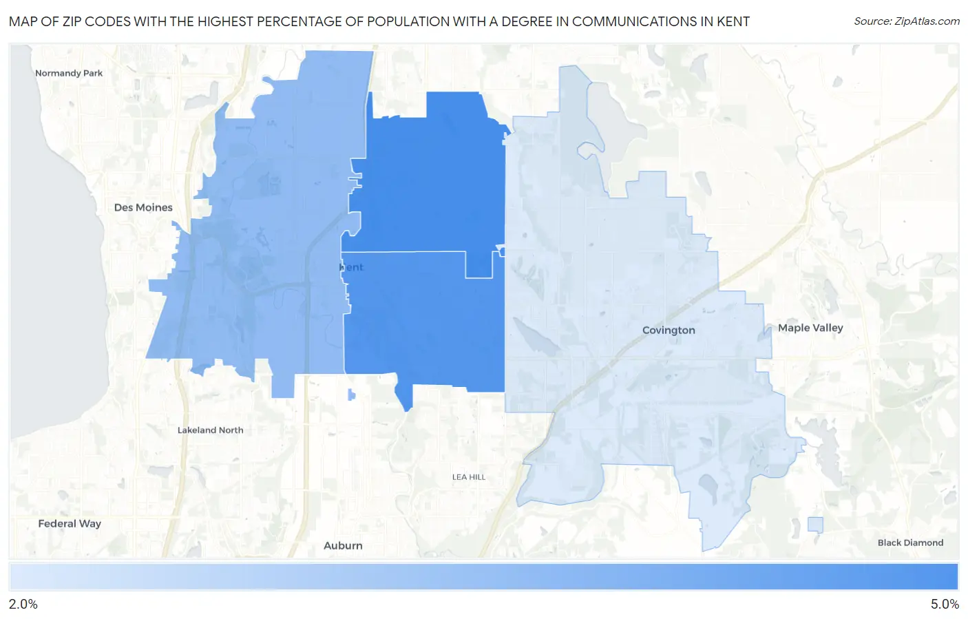 Zip Codes with the Highest Percentage of Population with a Degree in Communications in Kent Map