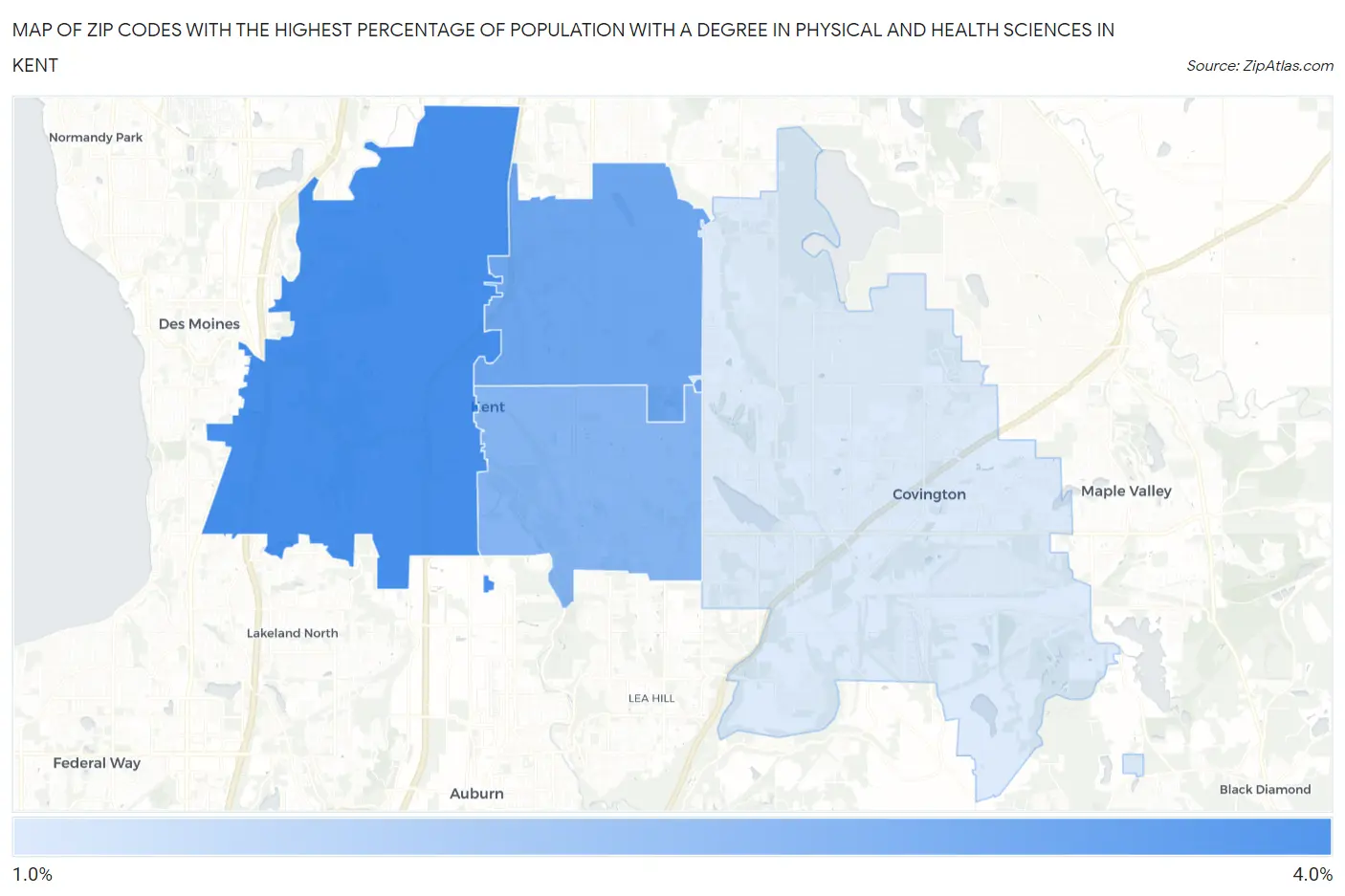 Zip Codes with the Highest Percentage of Population with a Degree in Physical and Health Sciences in Kent Map