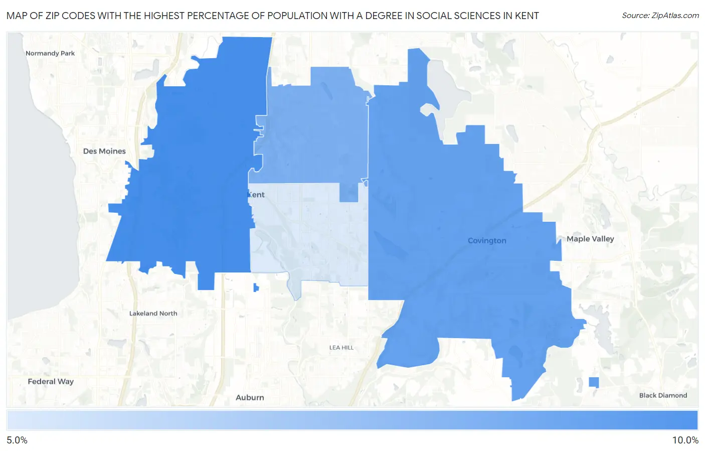 Zip Codes with the Highest Percentage of Population with a Degree in Social Sciences in Kent Map