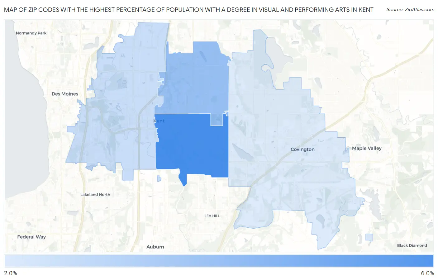 Zip Codes with the Highest Percentage of Population with a Degree in Visual and Performing Arts in Kent Map