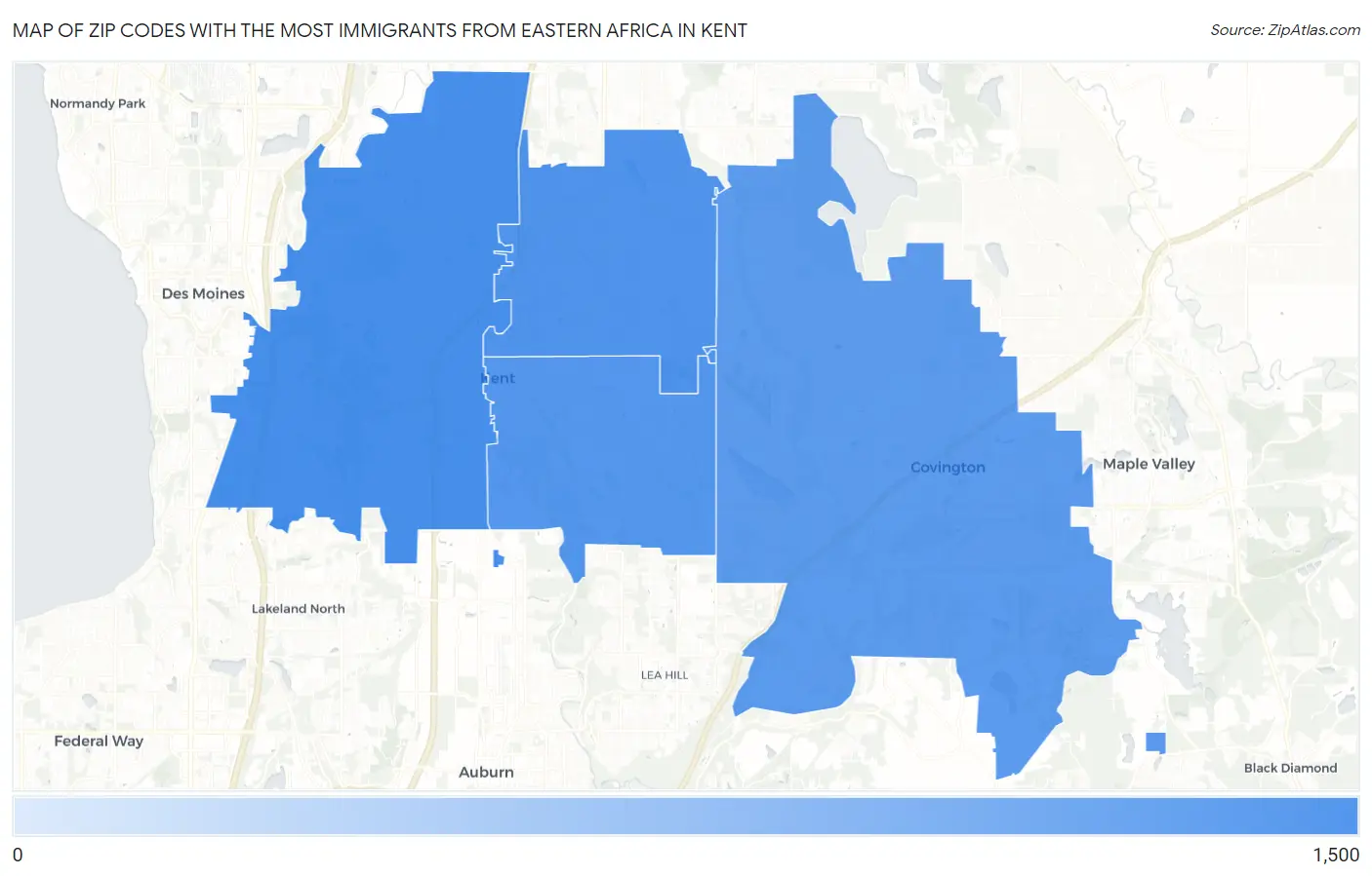 Zip Codes with the Most Immigrants from Eastern Africa in Kent Map