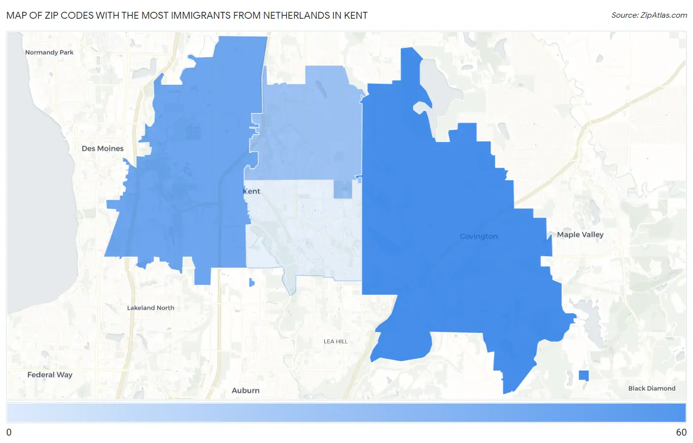 Zip Codes with the Most Immigrants from Netherlands in Kent Map