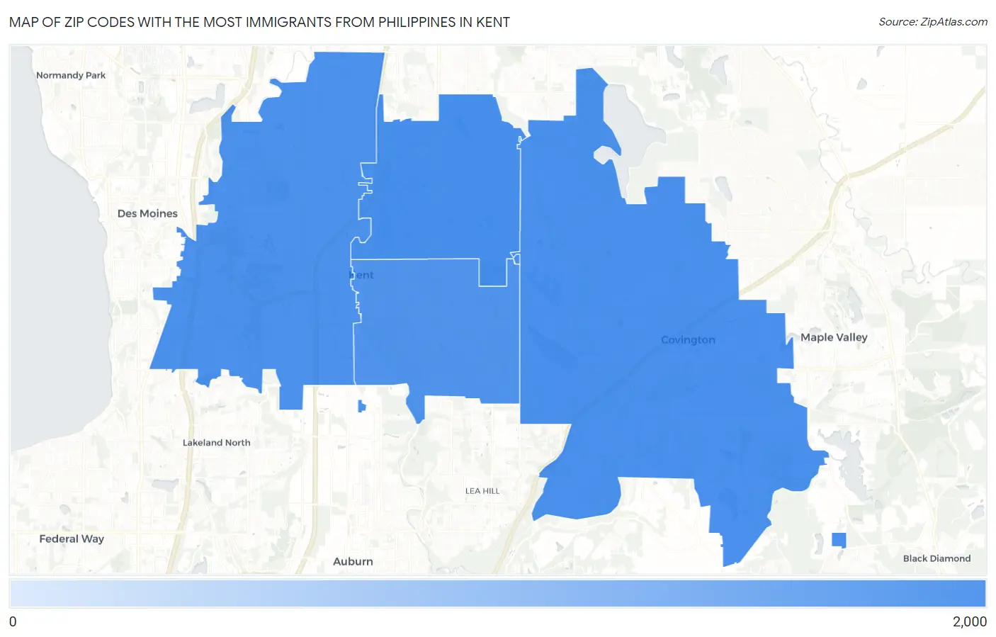 Zip Codes with the Most Immigrants from Philippines in Kent Map