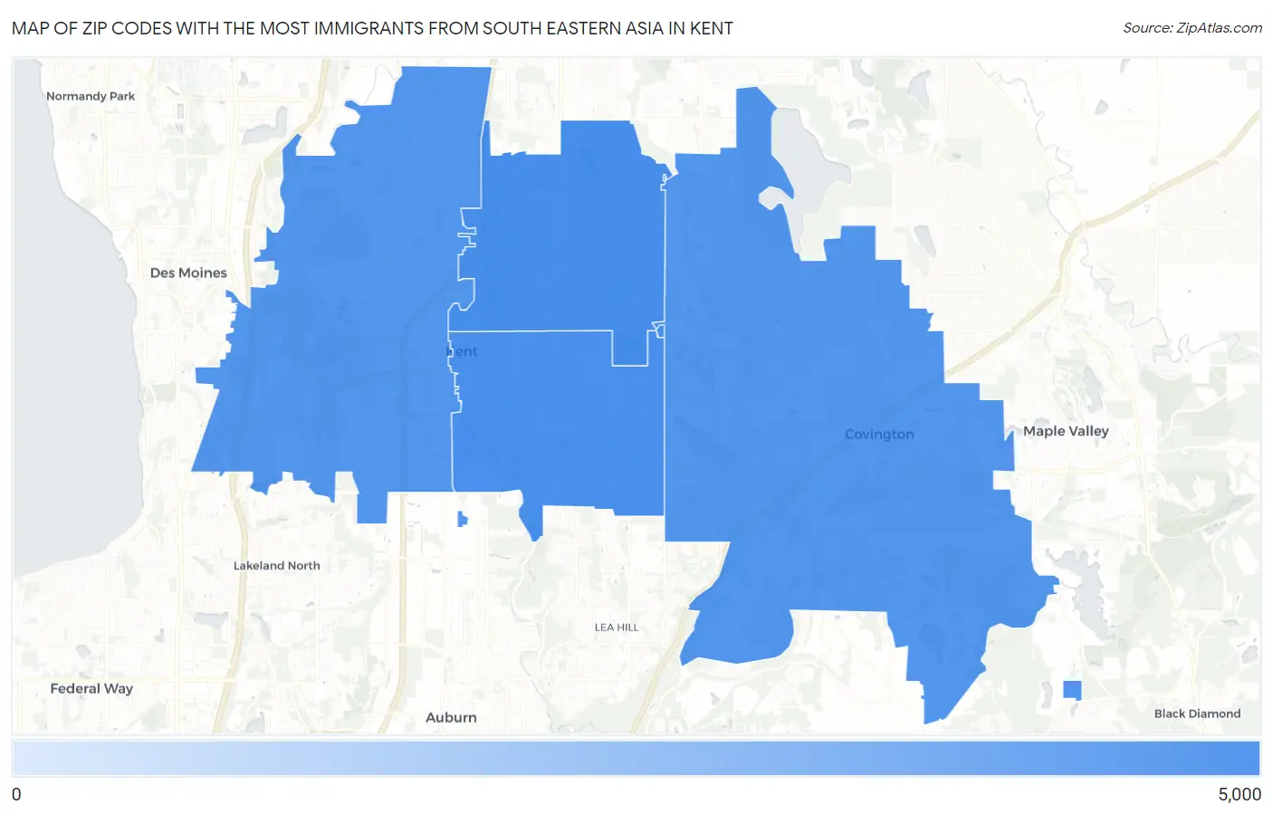 Zip Codes with the Most Immigrants from South Eastern Asia in Kent Map