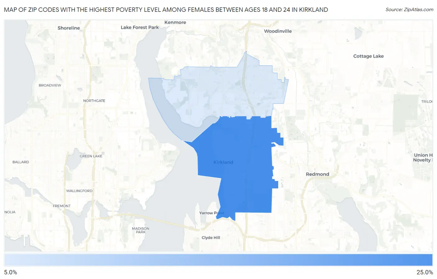 Zip Codes with the Highest Poverty Level Among Females Between Ages 18 and 24 in Kirkland Map