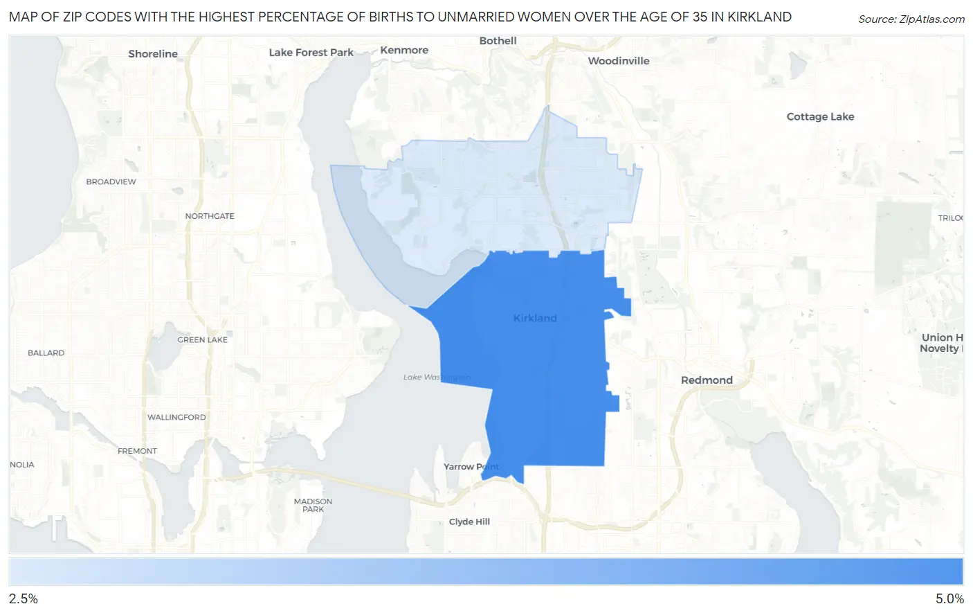 Zip Codes with the Highest Percentage of Births to Unmarried Women over the Age of 35 in Kirkland Map