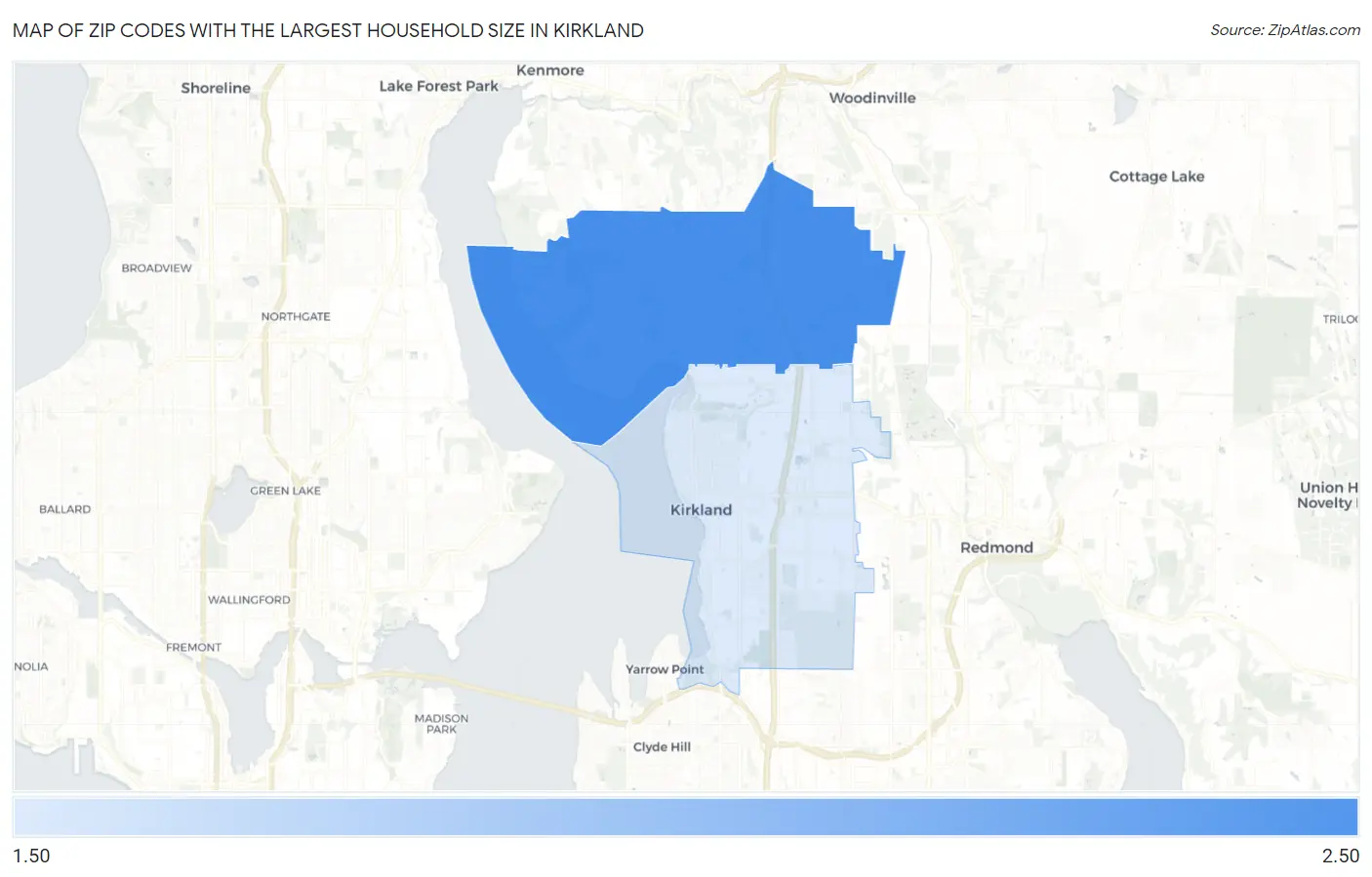 Zip Codes with the Largest Household Size in Kirkland Map