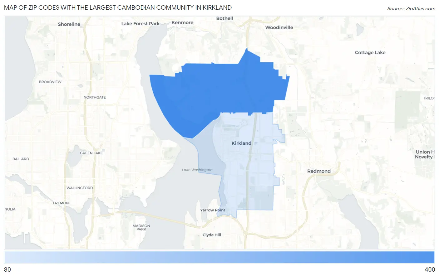 Zip Codes with the Largest Cambodian Community in Kirkland Map