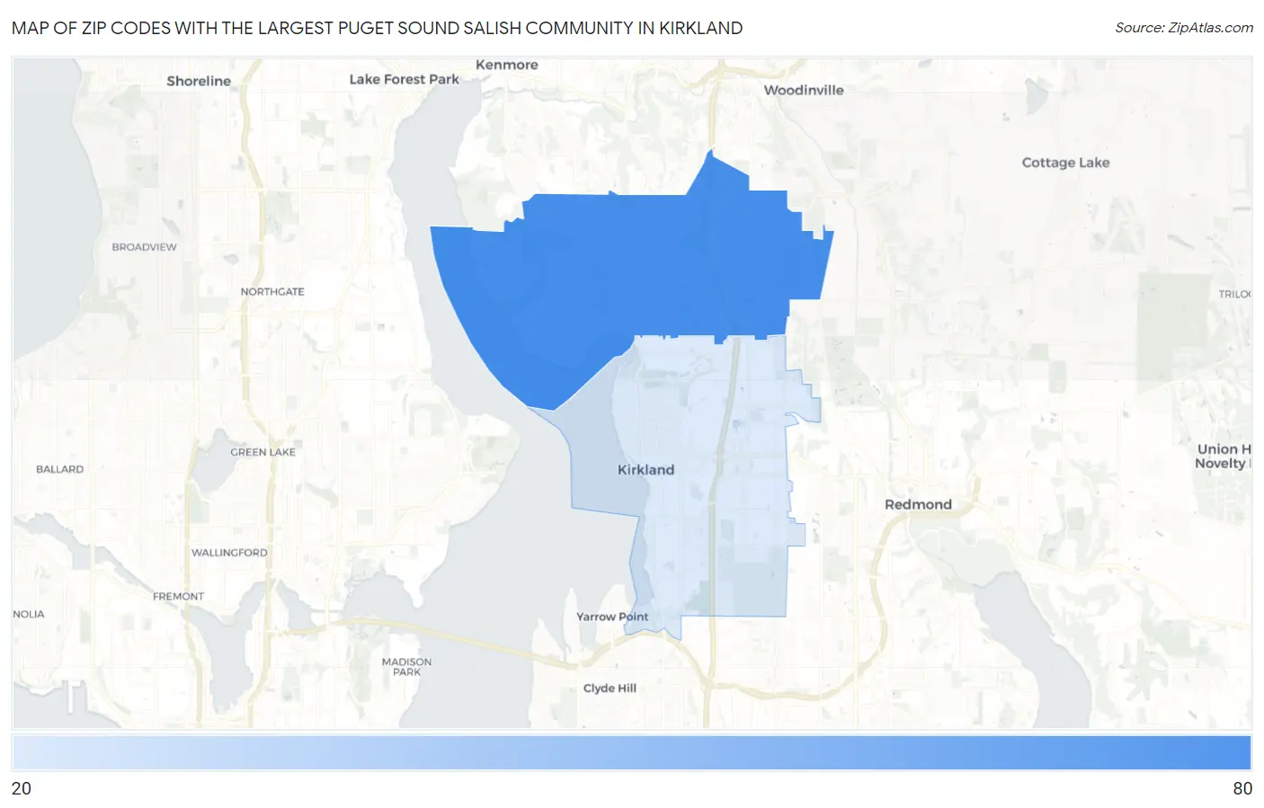 Zip Codes with the Largest Puget Sound Salish Community in Kirkland Map