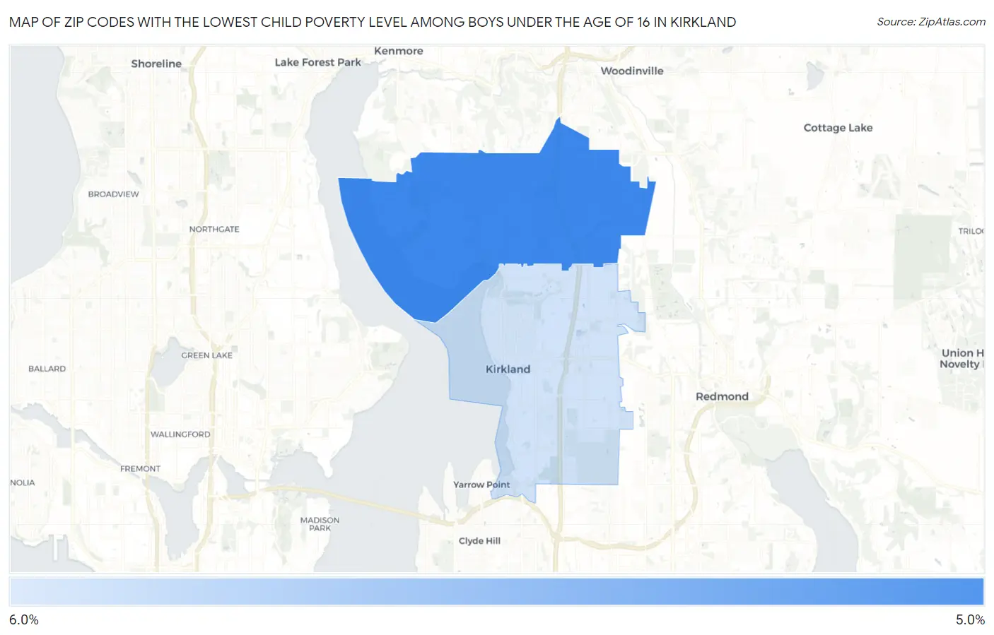 Zip Codes with the Lowest Child Poverty Level Among Boys Under the Age of 16 in Kirkland Map