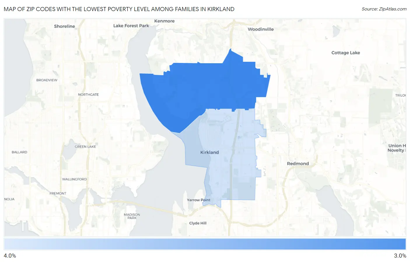 Zip Codes with the Lowest Poverty Level Among Families in Kirkland Map