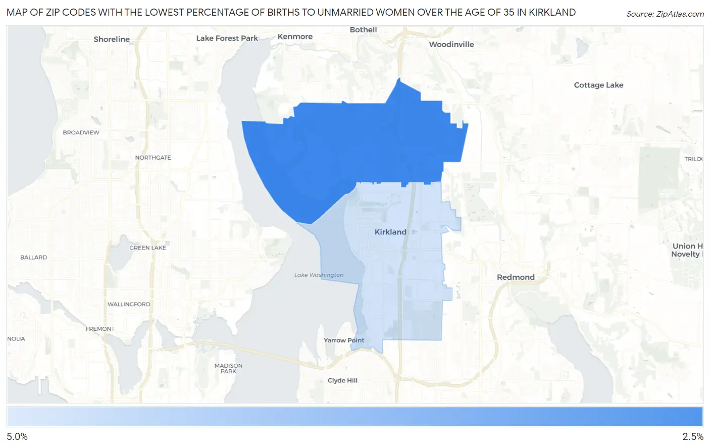 Zip Codes with the Lowest Percentage of Births to Unmarried Women over the Age of 35 in Kirkland Map