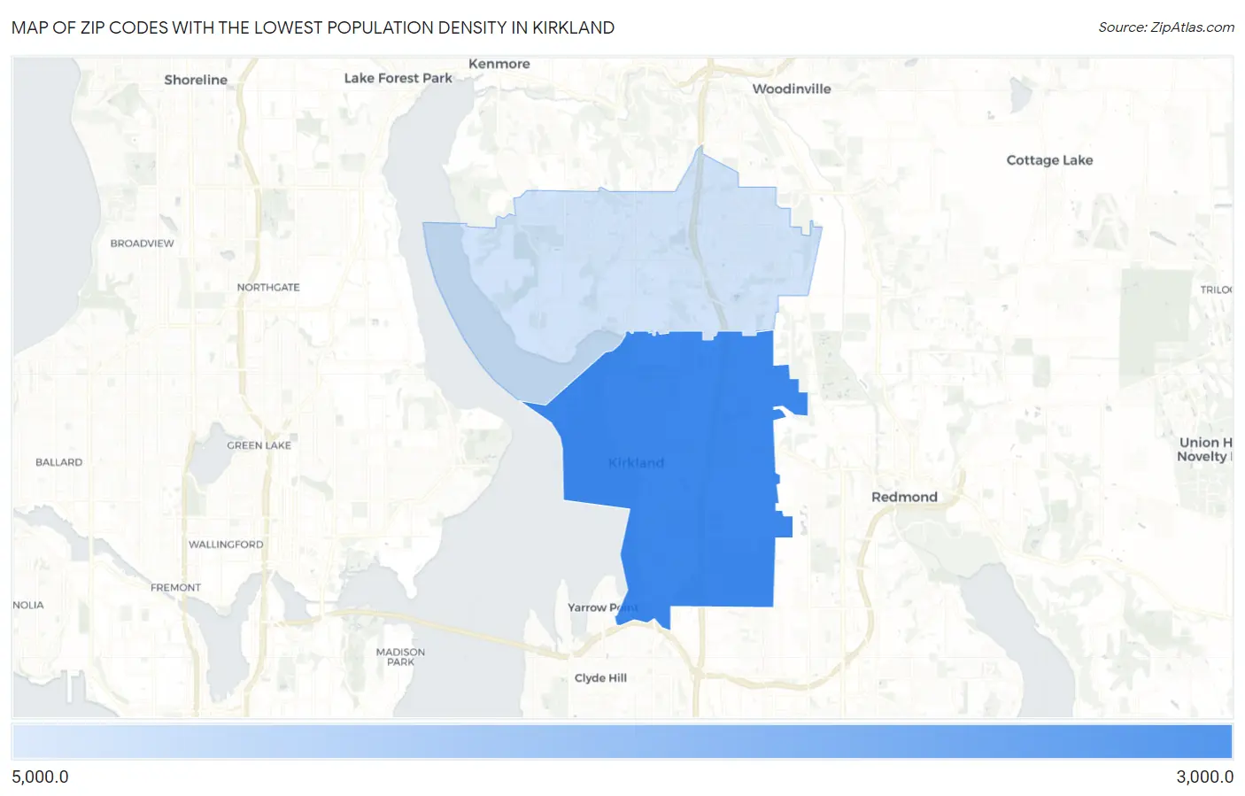Zip Codes with the Lowest Population Density in Kirkland Map