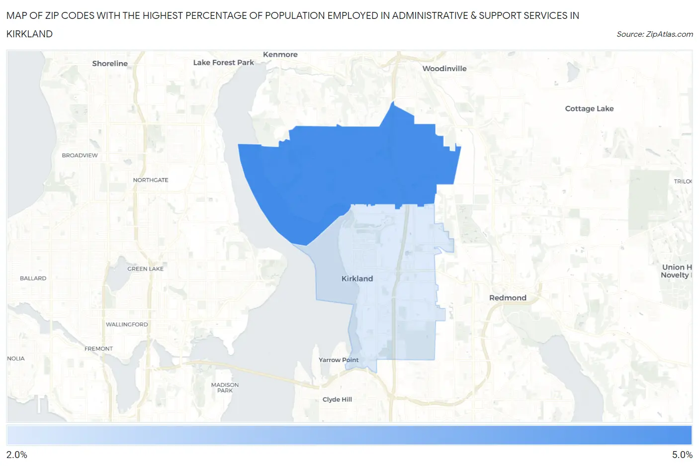 Zip Codes with the Highest Percentage of Population Employed in Administrative & Support Services in Kirkland Map