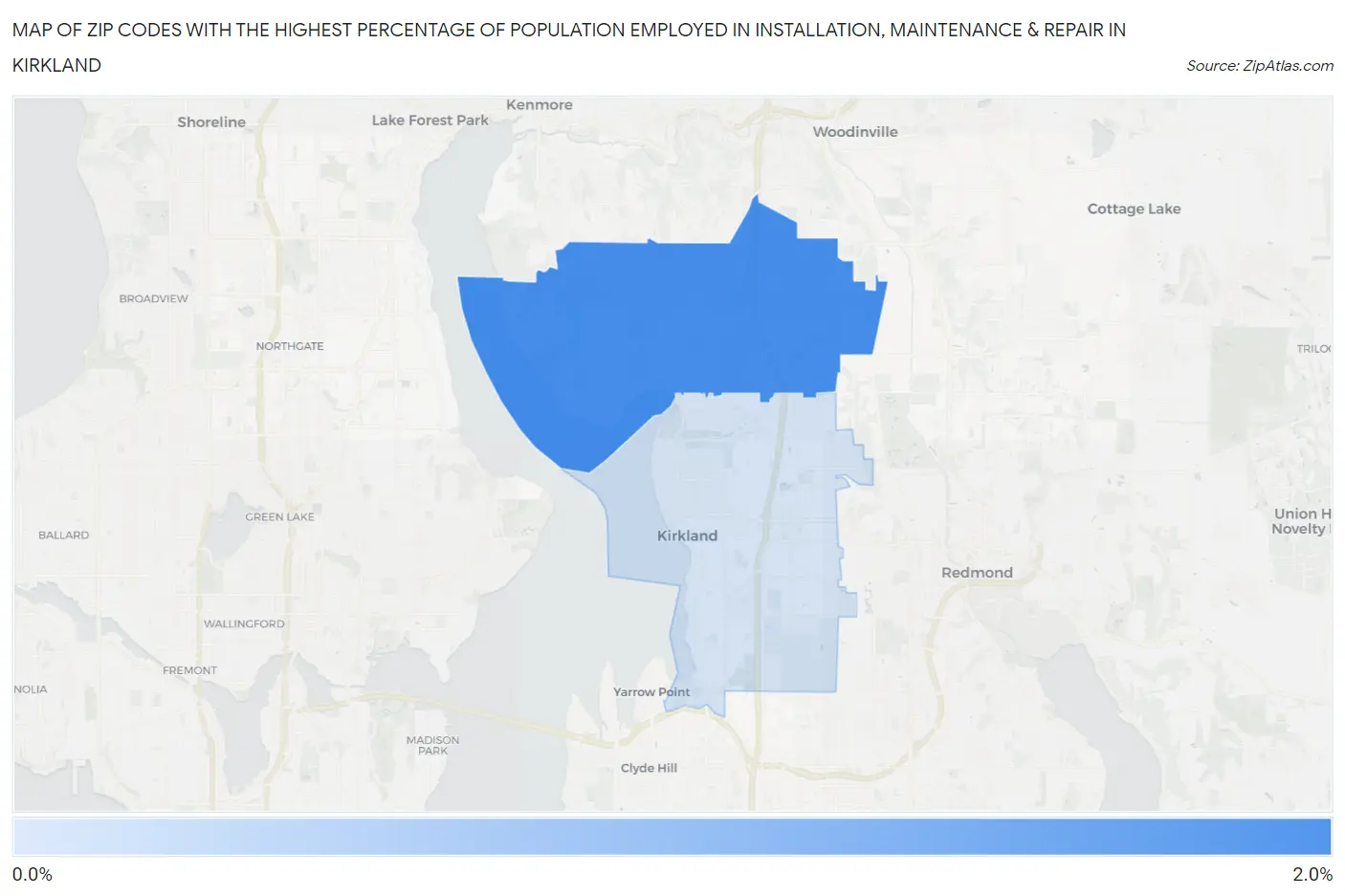 Zip Codes with the Highest Percentage of Population Employed in Installation, Maintenance & Repair in Kirkland Map