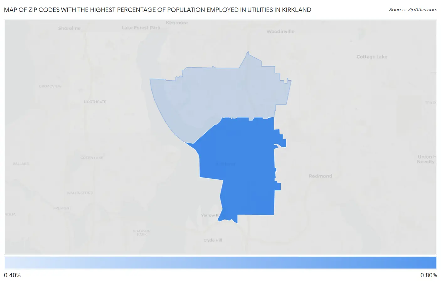Zip Codes with the Highest Percentage of Population Employed in Utilities in Kirkland Map