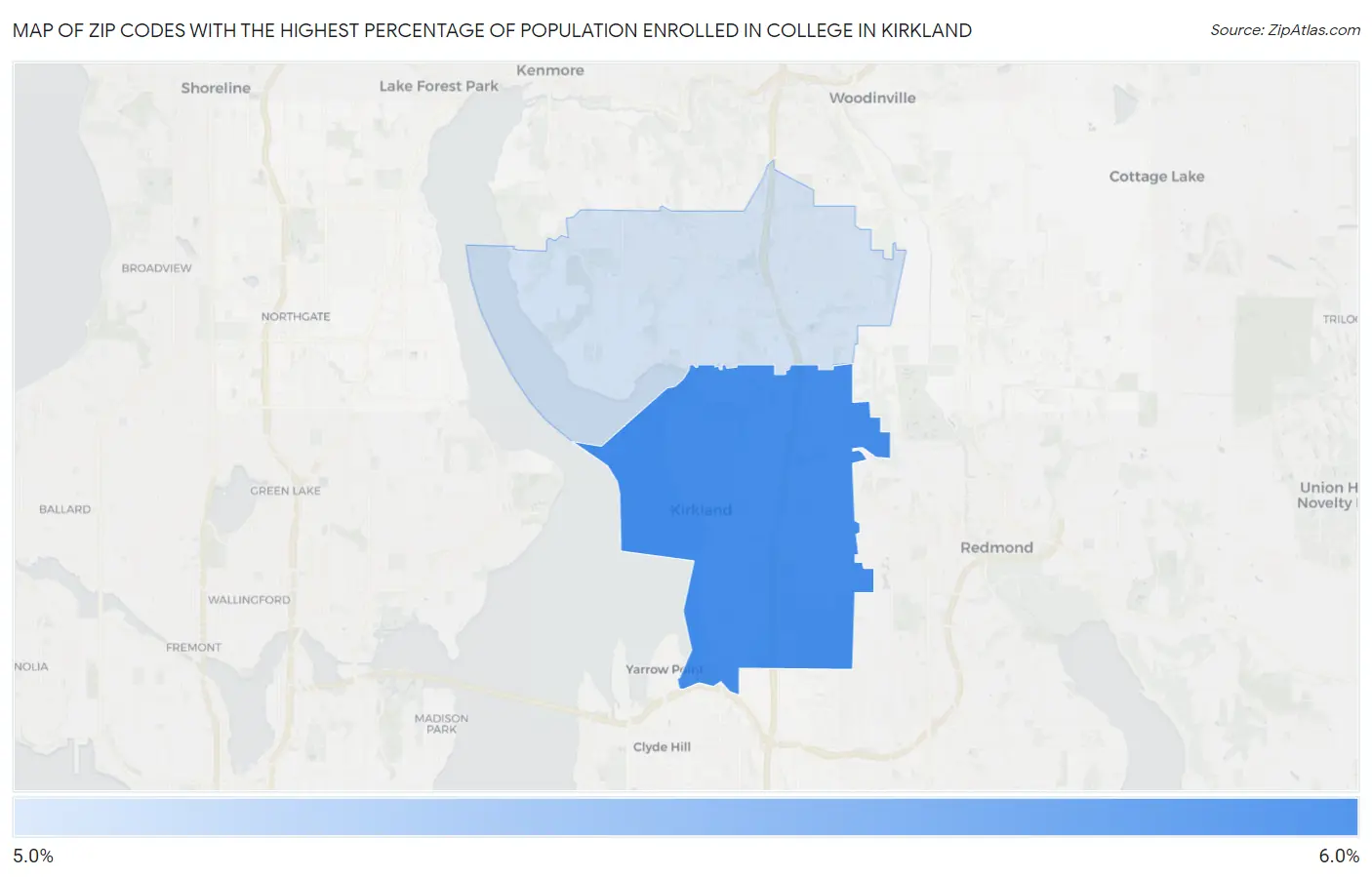 Zip Codes with the Highest Percentage of Population Enrolled in College in Kirkland Map