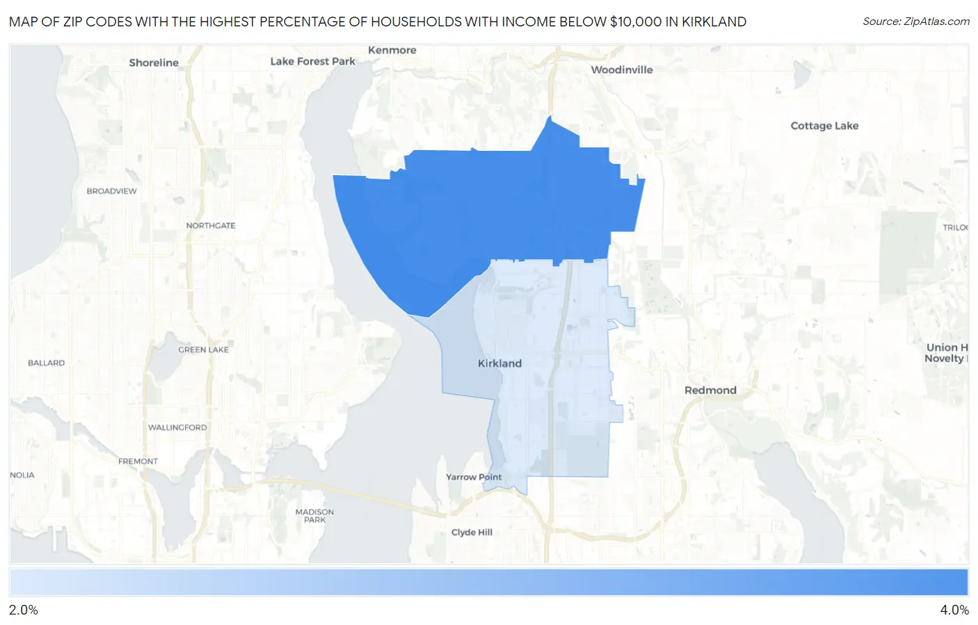 Zip Codes with the Highest Percentage of Households with Income Below $10,000 in Kirkland Map