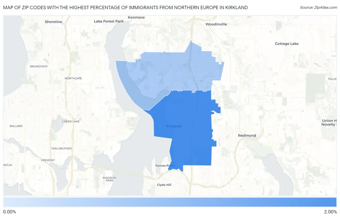 Zip Codes with the Highest Percentage of Immigrants from Northern Europe in Kirkland Map