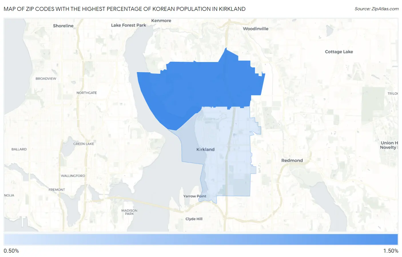 Zip Codes with the Highest Percentage of Korean Population in Kirkland Map